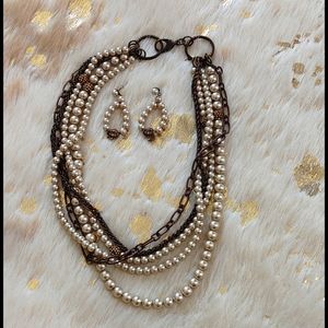 Pearl bronze layered necklace earring set like new